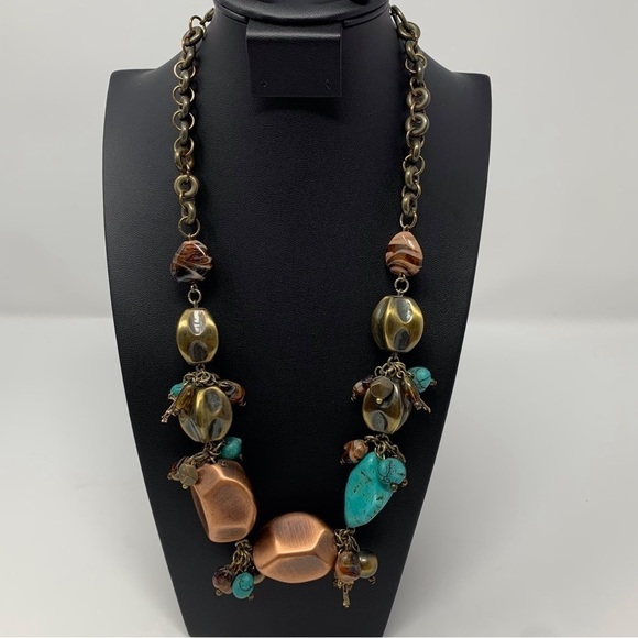 Religious Cross Chunky Brown and Blue Statement Necklace - Picture 1 of 10